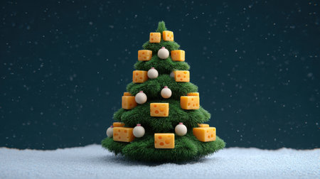 A playful Christmas tree creation features vibrant yellow cheese cubes and white ornaments, set against a snowy backdrop, embodying festive joy and creativity.の素材