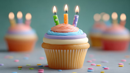 A vibrant cupcake topped with colorful frosting and lit birthday candles, surrounded by playful sprinkles, perfect for celebration themes and joyful occasions.の素材