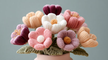 This vibrant arrangement of handcrafted knitted flowers in pastel shades creates a charming centerpiece. Perfect for home decor or as a thoughtful gift, adding warmth and creativity to any space.の素材