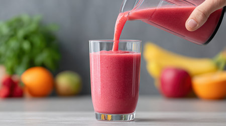 A vibrant red berry smoothie is being poured into a clear glass, showcasing freshness and health. In the background, assorted fruits are present, emphasizing a healthy lifestyle.の素材