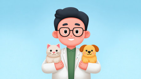 A cheerful veterinarian in a white coat smiles while holding a fluffy cat and a cute dog. This engaging image showcases the love and care for pets in a colorful, friendly setting.の素材