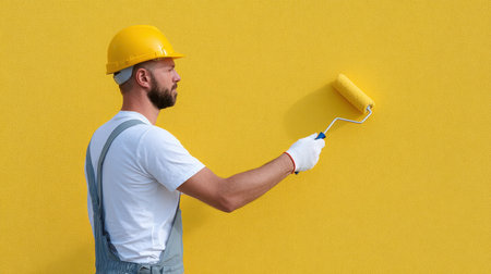 A skilled male worker in a yellow helmet and gloves is busy painting a bright yellow wall with a roller brush, showcasing a home improvement project.の素材