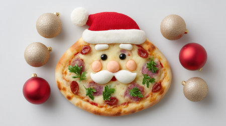 This whimsical Santa Claus pizza brings joy to holiday celebrations, featuring a playful design with fresh ingredients and festive decorations. Perfect for family gatherings!の素材