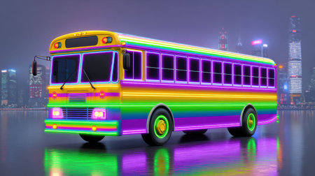 This vibrant image captures a colorful neon bus illuminated against an urban skyline at night, showcasing the lively atmosphere of city life.の素材