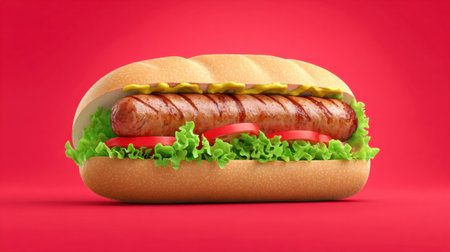 A mouthwatering sausage hot dog showcased in a soft bun, topped with fresh lettuce, juicy tomato slices, and zesty mustard against a bold red background, perfect for enticing food lovers.の素材