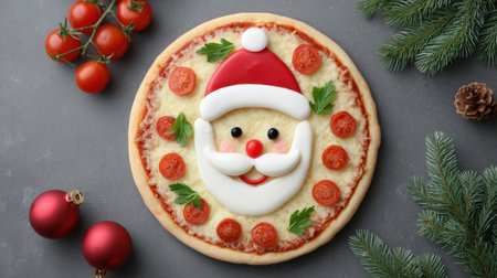Brighten up your holiday festivities with this creative Christmas pizza featuring a jolly Santa face made from fresh ingredients. Perfect for family gatherings.の素材