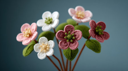A charming arrangement of handcrafted crochet flowers in pastel shades, showcasing intricate details and delicate charm. Ideal for decoration and gifting.の素材