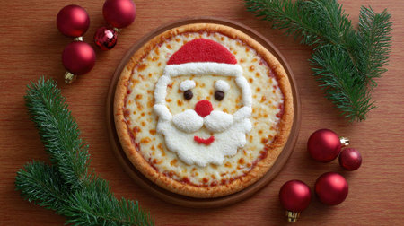 A whimsical pizza designed to resemble Santa Claus, perfect for holiday gatherings. Surrounded by festive ornaments and greenery, it captures the joy of Christmas.の素材