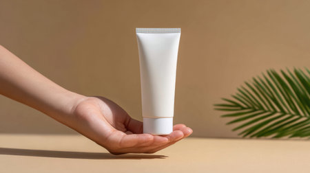 A hand elegantly holds a sleek, white cosmetic tube on a simple, neutral surface, complemented by a touch of greenery in the background.の素材