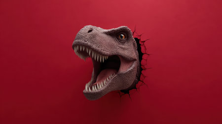 This striking image features a realistic dinosaur head emerging from a cracked wall, set against a bold red background, capturing imagination and creativity in art.の素材