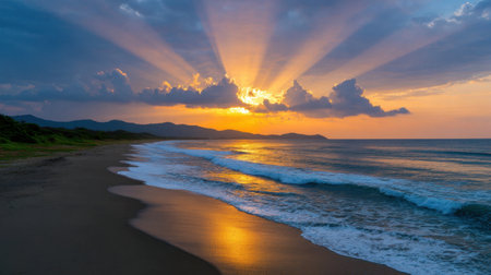 Experience the breathtaking beauty of a sunset over ocean waves, featuring a stunning cloudscape and warm golden reflections on the water.の素材