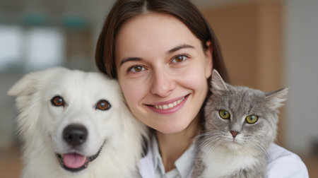 A joyful woman embraces her dog and cat in a bright and friendly indoor space, showcasing a deep bond of companionship and love for pets.の素材
