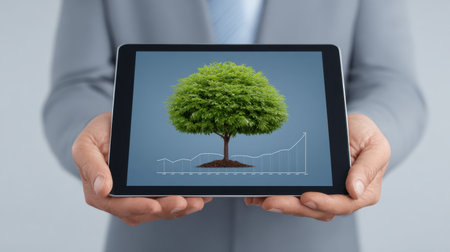 A business professional presents a tablet displaying a vibrant tree alongside a growth chart, symbolizing the relationship between environmental sustainability and economic progress.の素材