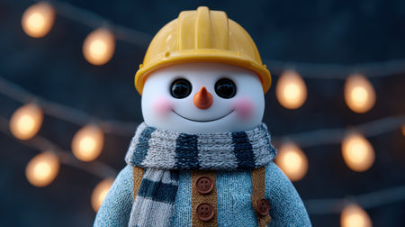 A delightful snowman wearing a construction helmet and scarf stands against a backdrop of glowing festive lights, perfect for winter celebrations.の素材