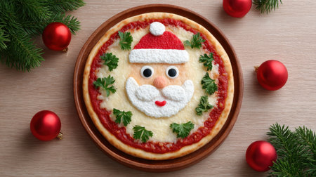 This playful pizza features a Santa face made of cheese and fresh herbs, perfect for adding whimsy to holiday gatherings and family celebrations.の素材