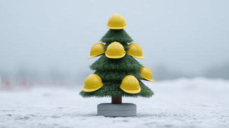 A whimsical holiday decoration featuring a Christmas tree adorned with yellow construction hard hats. This creative piece merges festive cheer with industry elements, showcasing a playful take on traditional decor suitable for various celebrations.の素材
