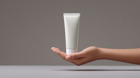 A hand gracefully holds a sleek white tube of cosmetic product against a simple, neutral background, perfect for skincare branding and marketing visuals.の素材