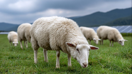 A serene scene of sheep grazing on vibrant green grass, with majestic mountains and solar panels in the background under a cloudy sky.の素材