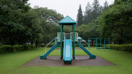 A colorful playground featuring vibrant slides sits empty on a rainy day, surrounded by lush greenery in a peaceful park, ideal for family outings.の素材