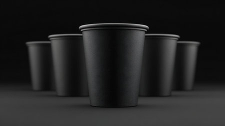 A visually striking image featuring black disposable cups artistically arranged on a dark surface, perfect for minimalistic design concepts and promotional materials.の素材