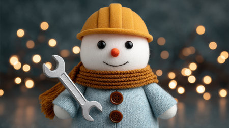 This delightful snowman character features a bright orange hard hat, a cozy scarf, and a wrench, set against a beautifully blurred festive background, evoking winter cheer.の素材