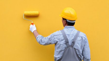 A dedicated painter is using a roller brush to apply vibrant yellow paint to a wall, wearing a helmet and gloves, highlighting safety in his craft.の素材