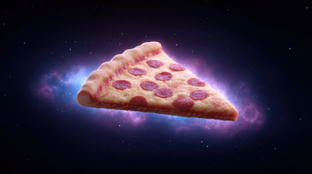 A captivating image of a pepperoni pizza slice floating in a cosmic space environment, featuring a colorful and vibrant galaxy backdrop that creates a surreal and imaginative atmosphere.の素材