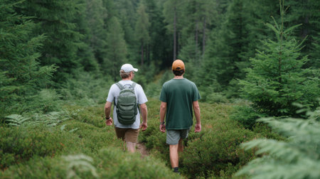 Two men hike along a serene forest trail, surrounded by lush greenery and towering trees, enjoying nature and each other's company in the great outdoors.の素材