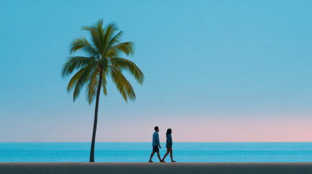 A couple enjoys a romantic evening stroll on a serene beach at dusk, with a striking palm tree silhouetted against the calm ocean horizon and soft colors.の素材