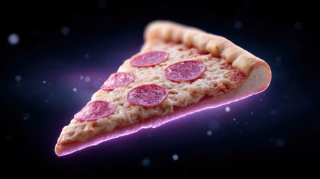 A mouth-watering slice of pepperoni pizza with melted cheese against a dramatic black background, enhanced with cosmic elements to create a unique visual appeal.の素材