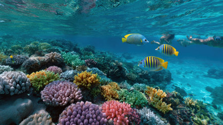 Experience the beauty of a vibrant coral reef teeming with colorful fish swimming in clear waters. This underwater scene showcases the stunning biodiversity and tranquility of marine life, ideal for nature lovers and ocean enthusiasts.の素材