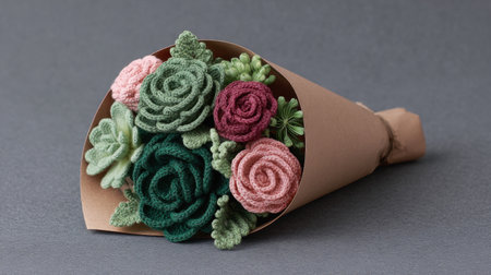 This stunning handmade crochet flower bouquet features intricate roses and vibrant greenery, elegantly wrapped in natural brown paper, perfect for gifting or decoration.の素材