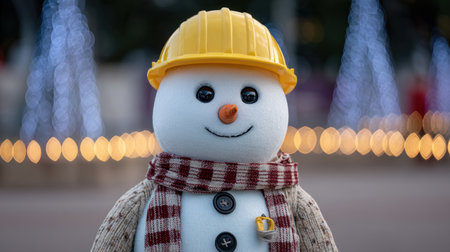 A cheerful snowman wearing a yellow hard hat and a cozy scarf stands out against a beautiful backdrop of sparkling holiday lights, capturing seasonal joy.の素材