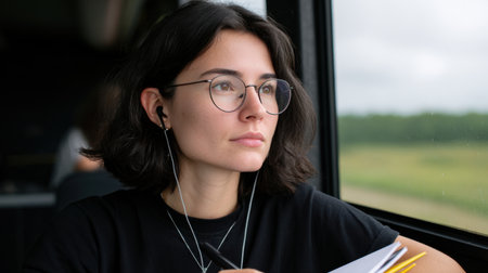A young woman with glasses gazes thoughtfully out of a bus window, earbuds in, reflecting on her journey. She holds a pen and notebook, capturing ideas.の素材