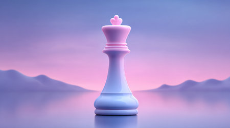 A beautiful pink and white chess king piece stands gracefully against a soft purple and blue background, evoking a sense of calm and artistic elegance at dawn.の素材