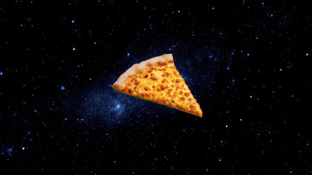 A surreal image featuring a cheese pizza slice floating in the depths of space, surrounded by brilliant stars and cosmic elements, creating a whimsical scene.の素材