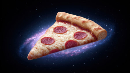 A whimsical image of a pepperoni pizza slice floating in the vastness of space, surrounded by stars and colorful galaxies, ideal for food lovers.の素材