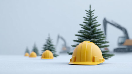 Unique winter construction scene featuring yellow hard hats and pine trees, set against a snowy backdrop with heavy machinery in action.の素材