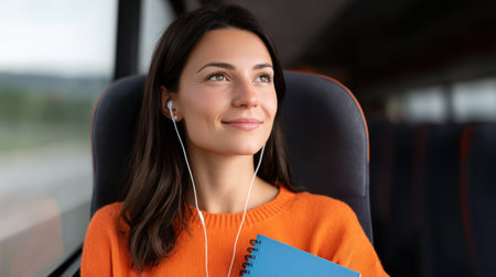 A young woman engages with her favorite tunes while traveling on a bus, holding a notebook, showcasing a moment of creativity and reflection.の素材