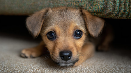 This captivating image features a young puppy peeking out from beneath a couch, displaying its curious nature and adorable face. Perfect for pet lovers.の素材