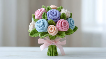 This artistic handmade crochet flower bouquet features soft pastel colors and lush green leaves, perfect for home decor or thoughtful gifting.の素材