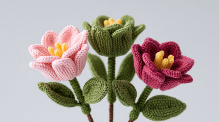 This enchanting arrangement features colorful handcrafted yarn flowers in pink, green, and maroon, perfect for adding a charming touch to any space.の素材