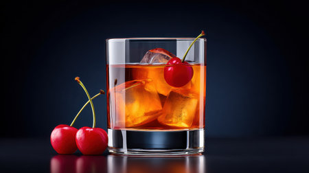 This image showcases a vibrant glass of whiskey filled with ice cubes and garnished with fresh cherries, set against a dark background, perfect for illustrating high-quality beverages.の素材