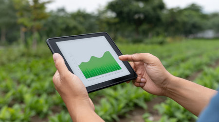 A person examines agricultural data on a tablet while surrounded by a lush green field. The growth chart displayed highlights the importance of technology in farming.の素材