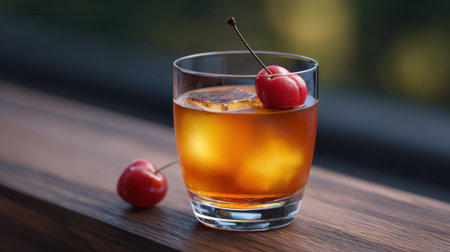 A beautifully crafted whiskey cocktail featuring rich amber tones, smooth ice cubes, and fresh cherries, ideal for summer gatherings and celebrations.の素材