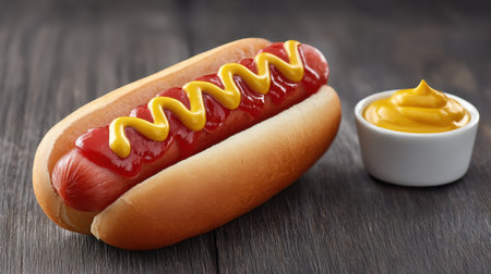 A mouth-watering hot dog topped with ketchup and mustard, resting on a wooden table. Ideal for summer gatherings, barbecues, or casual meals, this image captures the joy of delicious comfort food.の素材