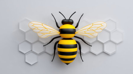 This vibrant 3D illustration features a stylized bee with striking black and yellow stripes set against a soft hexagon background, highlighting nature's beauty.の素材