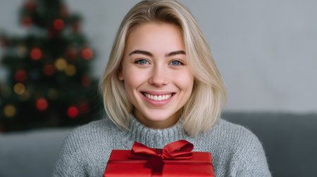 A joyful young woman holds a beautifully wrapped Christmas gift, radiating happiness in a cozy sweater, surrounded by festive decorations and soft lighting.の素材