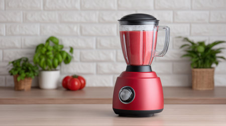 A vibrant red blender sits on a wooden countertop, showcasing a fresh smoothie, surrounded by greenery and a brick wall, ideal for modern kitchens.の素材