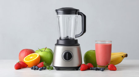 A sleek modern blender positioned alongside vibrant fresh fruits and a refreshing smoothie. Ideal for promoting healthy lifestyles and kitchen appliances.の素材